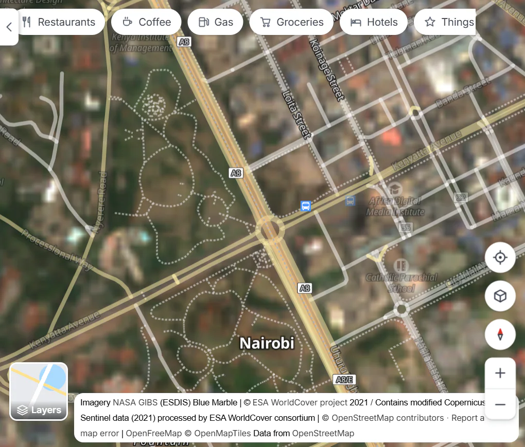 The Satellite page zoomed in on central Nairobi: a softer satellite picture in which individual buildings cannot be made out, with streets and place names drawn on top